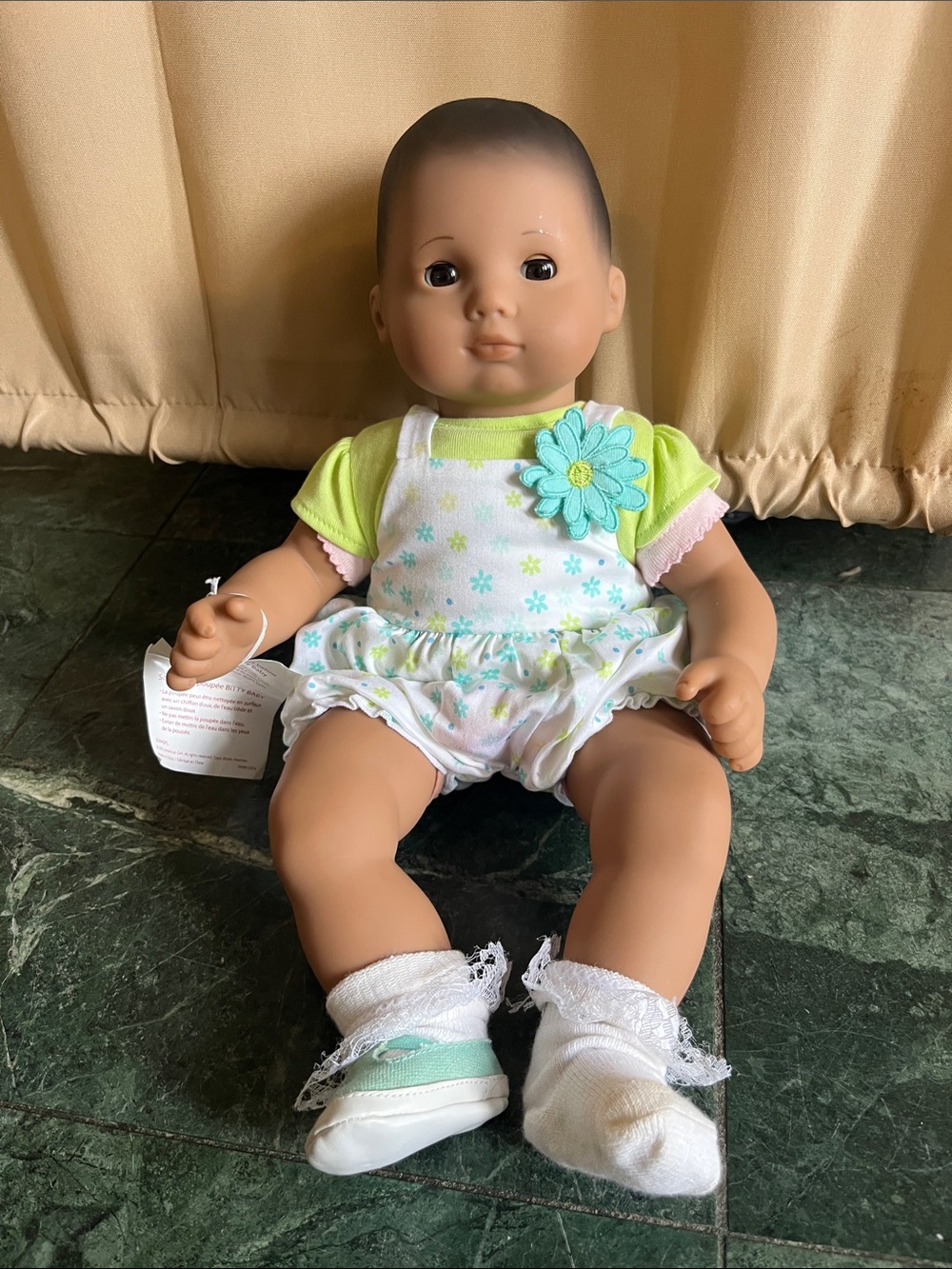 American Girl Soft Baby Doll in Lime Green Outfit with Blue Flower